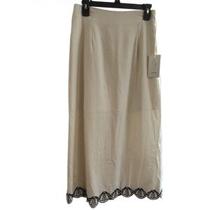 Designer Joie Linen Maxi Skirt With Black Embroidery & Beadwork Size 6 NWT
